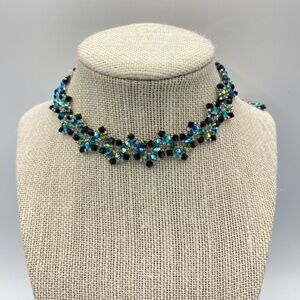 Crystal Glass Beads Black Aurora Borealis Blue Beads Choker Artisan Made